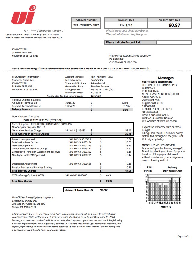 USA Connecticut The United Illuminating Company electricity utility bill template in Word and PDF format